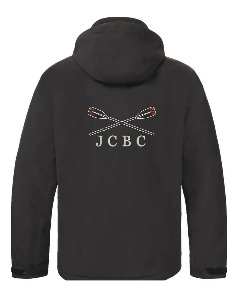 Corsica Jacket in Black, back with crossed oars and JCBC